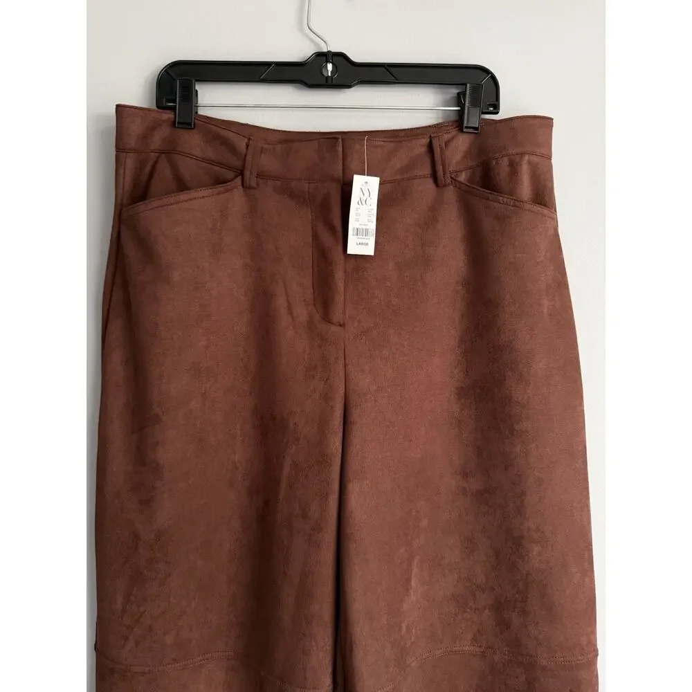 NY&C Faux Suede Wide Leg Pants Brown High Rise Palazzo Women Large NWT